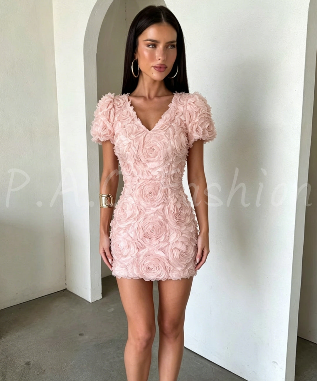 3D Rose Embellished Puff Sleeve Dress[Available Now]