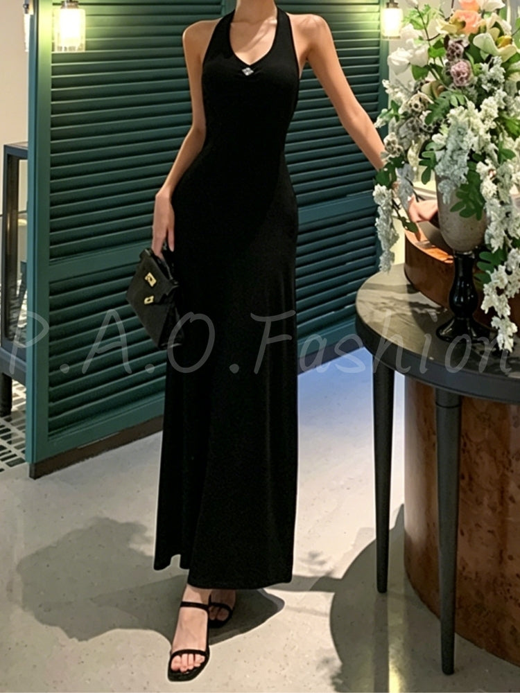 Rhinestone Chain Backless Halter Mermaid Maxi Dress