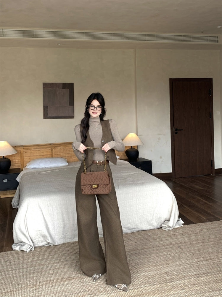 Old Money–Inspired Single-Breasted Vest & Wide-Leg Trousers 3-Piece Set