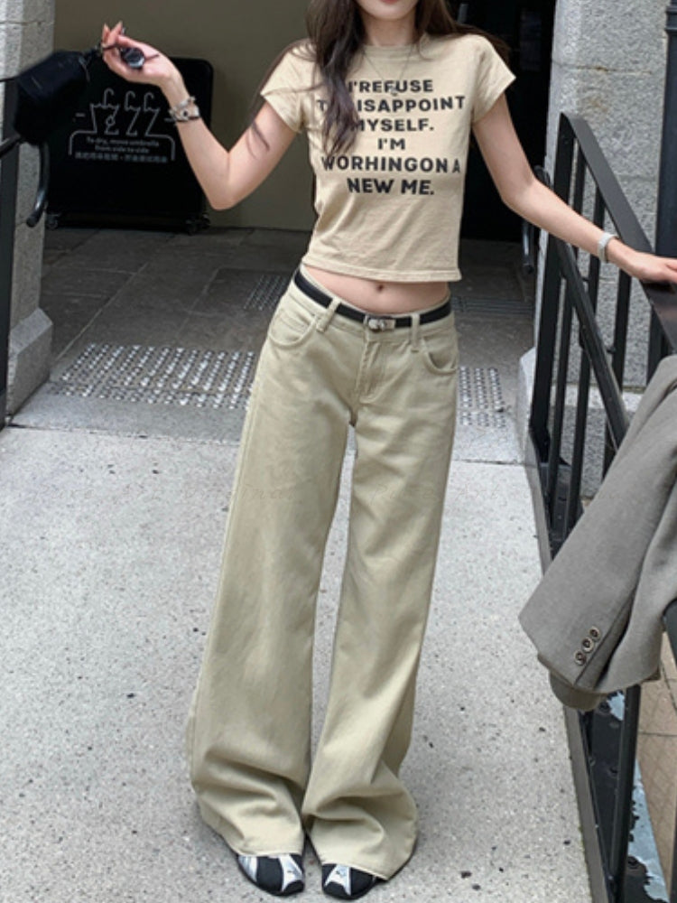 Light Khaki Straight-Leg Casual Flared Pants