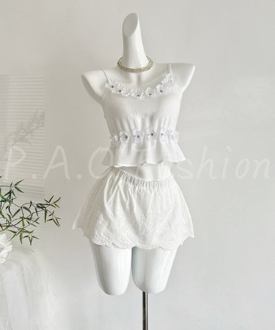 3D Floral Lace Trim Top & Bubble Texture Skirt Set[Available Now]
