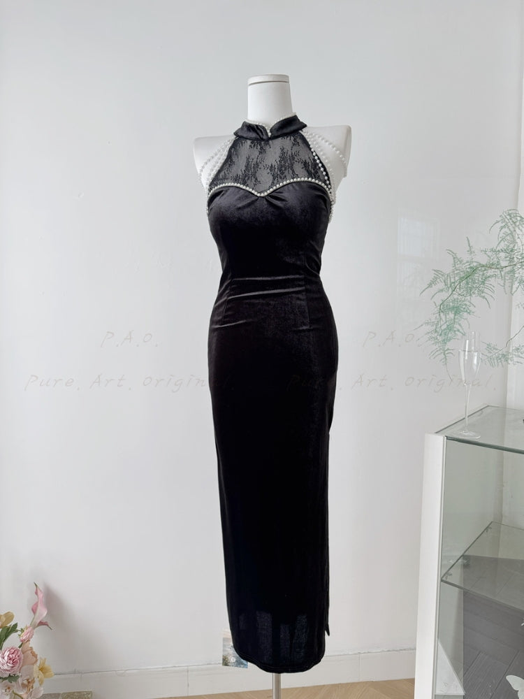 Lace Panel Velvet Midi Dress