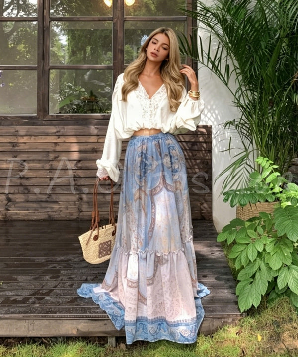 Bohemian Lace Print Two-Piece Skirt Set