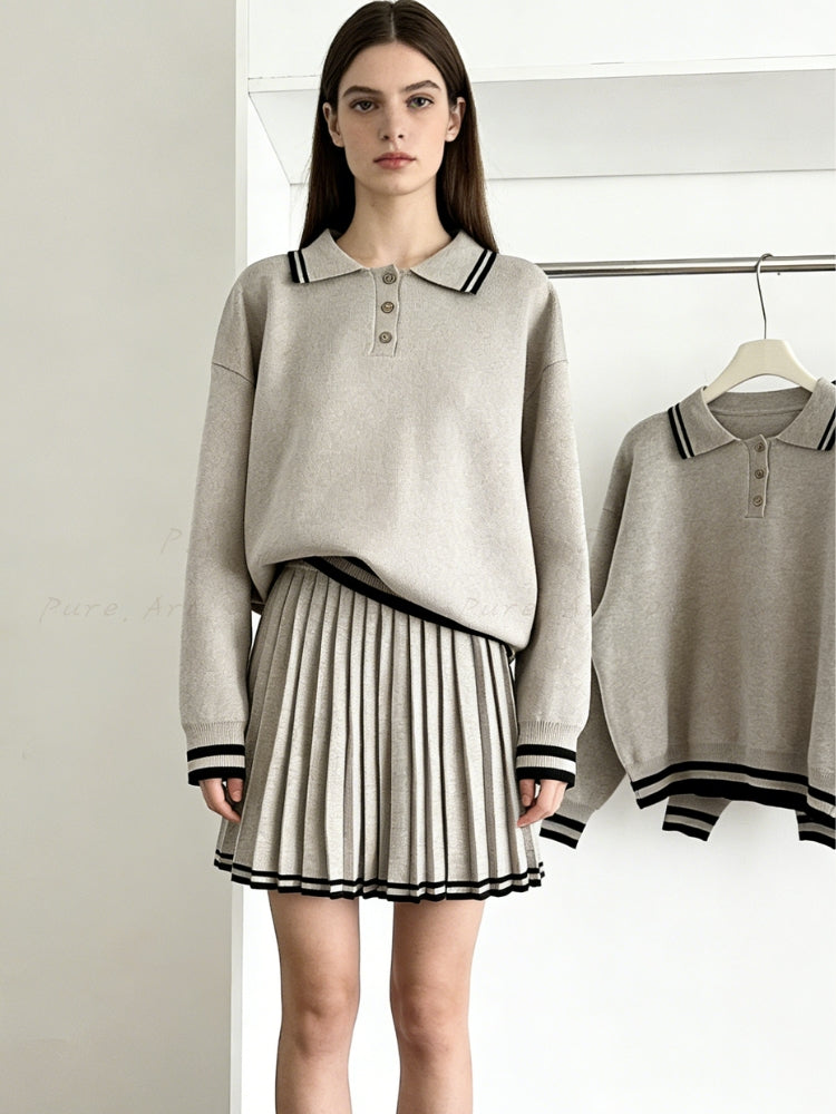 Relaxed Polo-Collar Sweatshirt & High-Waist Pleated Mini Skirt Set
