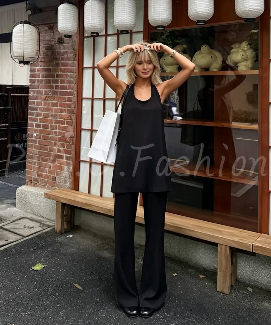 U-Neck Racerback Long Tank & Wide-Leg Flare Pants Set