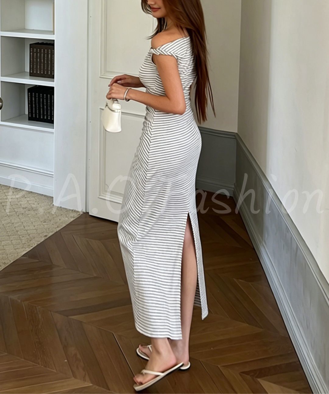 One-Shoulder Ribbed Stripe Maxi Dress