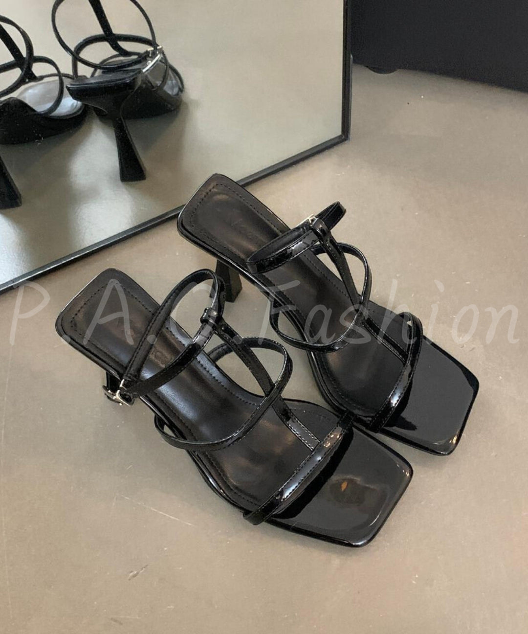 Square-Toe T-Strap Heeled Sandals