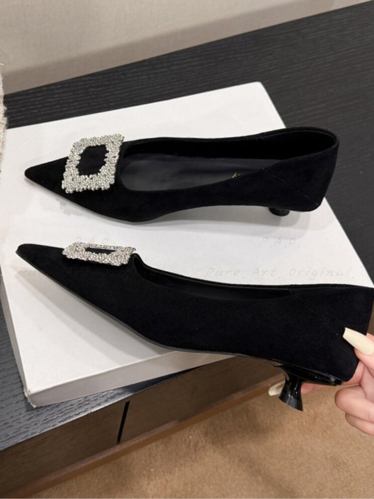 French-Style Pointed-Toe Suede Mid-Heel Shoes with Rhinestone Detail