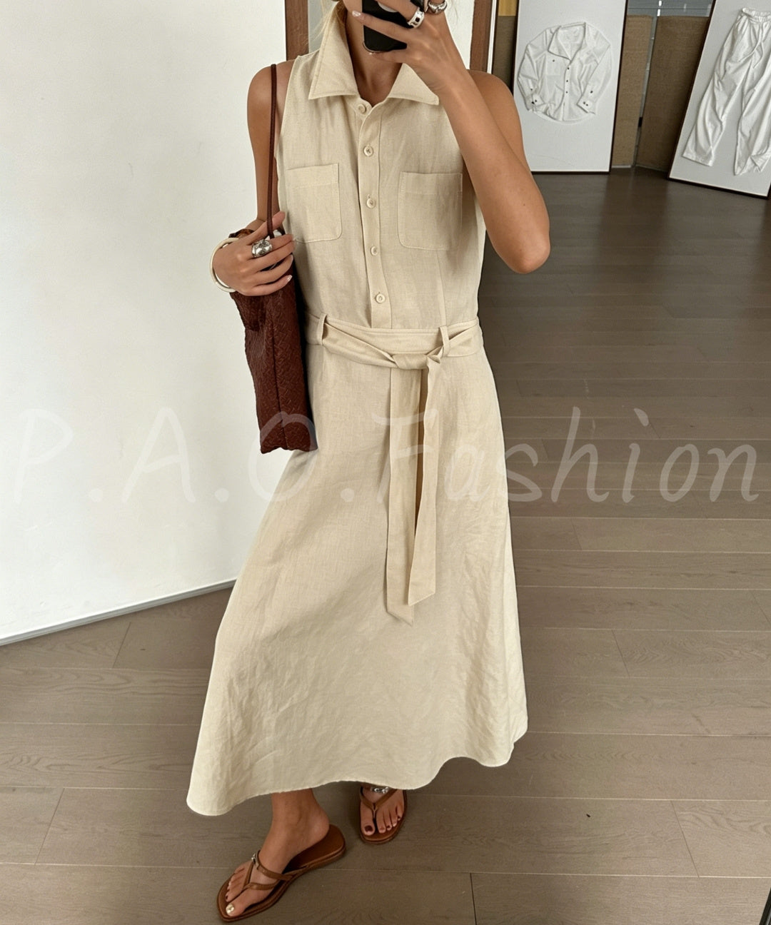Linen Blend Sleeveless Shirt Dress