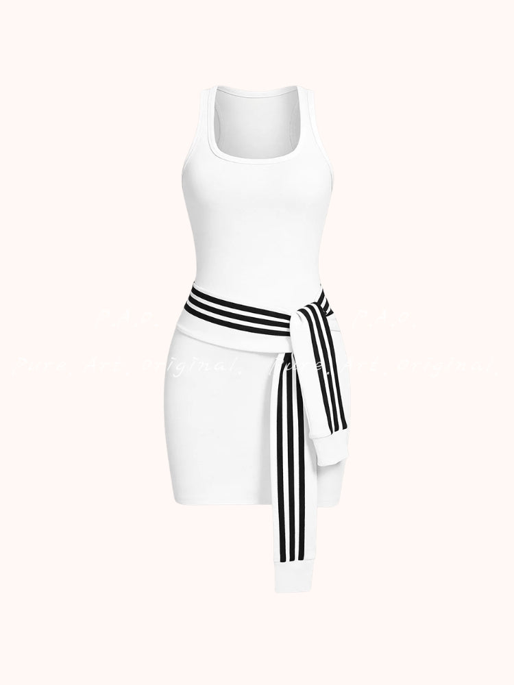 Striped U‑Neck Knotted Sleeveless Mini Dress