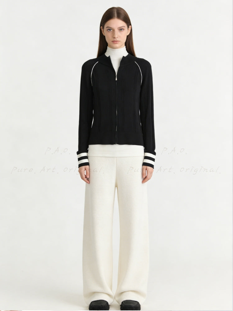 Vintage Contrast-Trim Zip Knit Cardigan