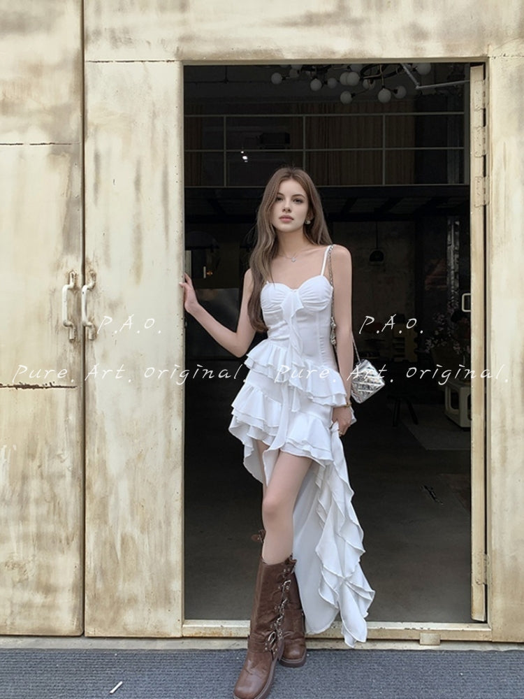 White Asymmetrical Ruffle Chiffon Dress