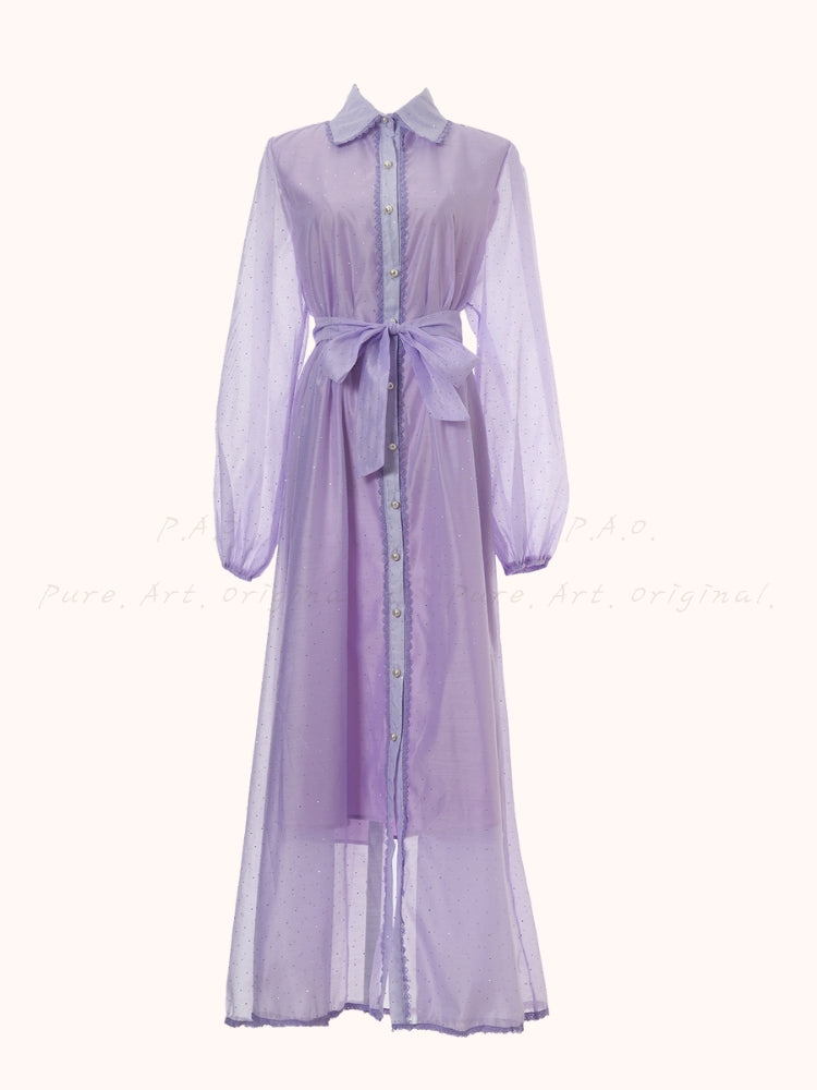 Rhinestone Organza Trim Tie-Waist Maxi Dress