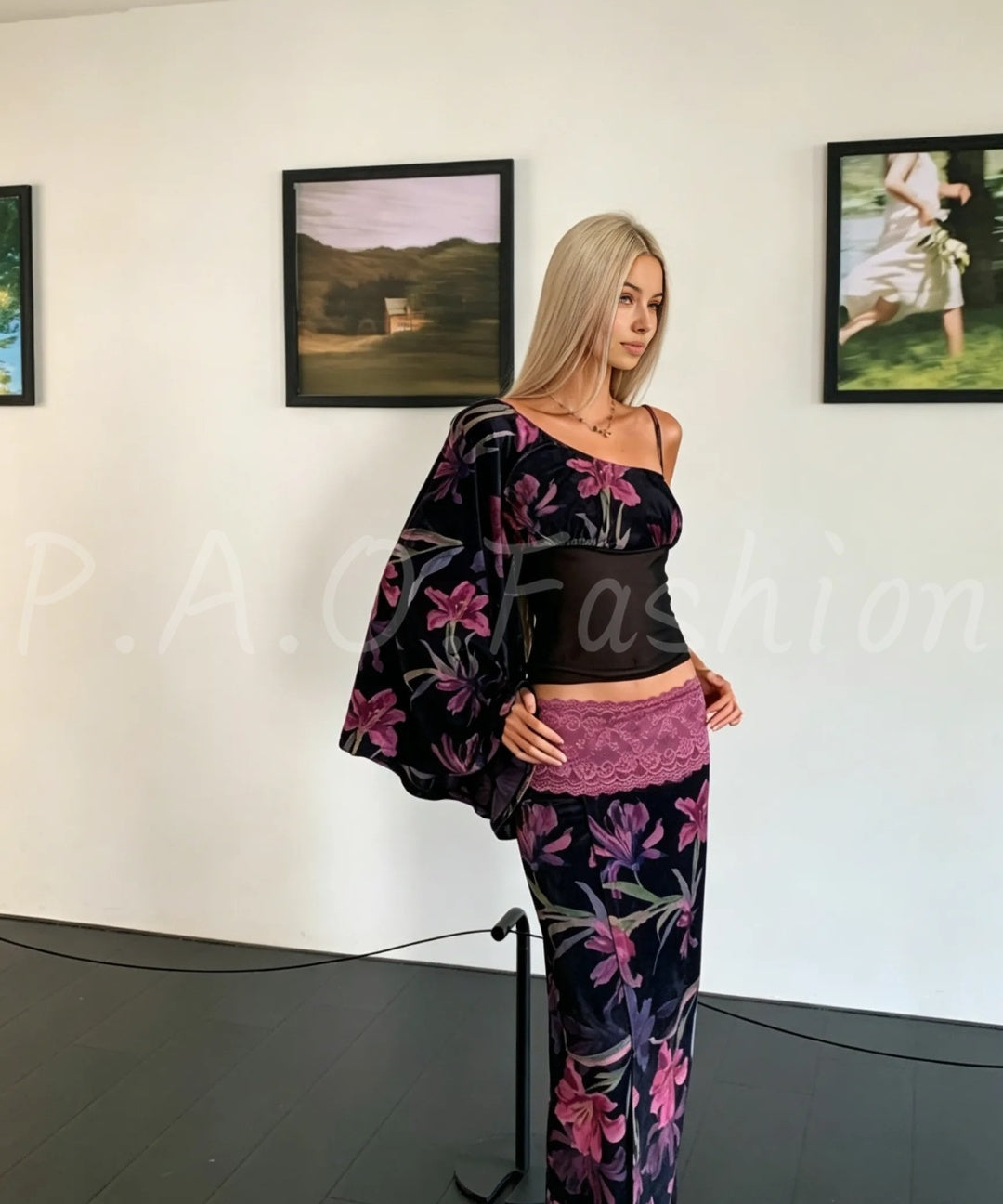 One-Shoulder Floral Mesh Top & Slit Maxi Skirt Set