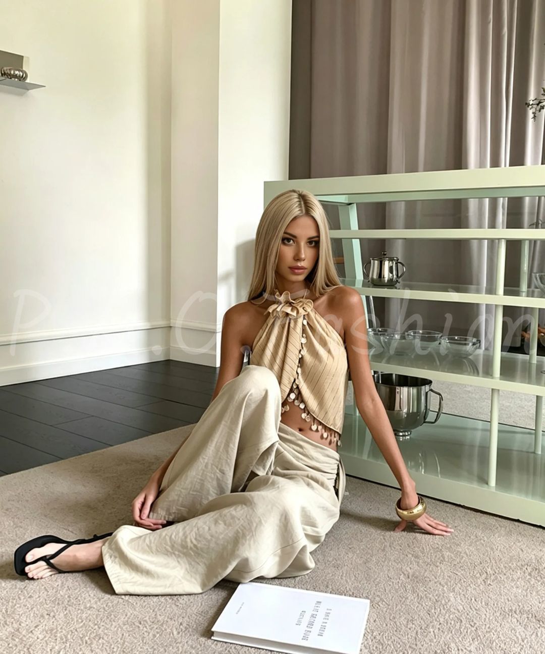 Textured Halter Flower Top & Wide-Leg Pants Set