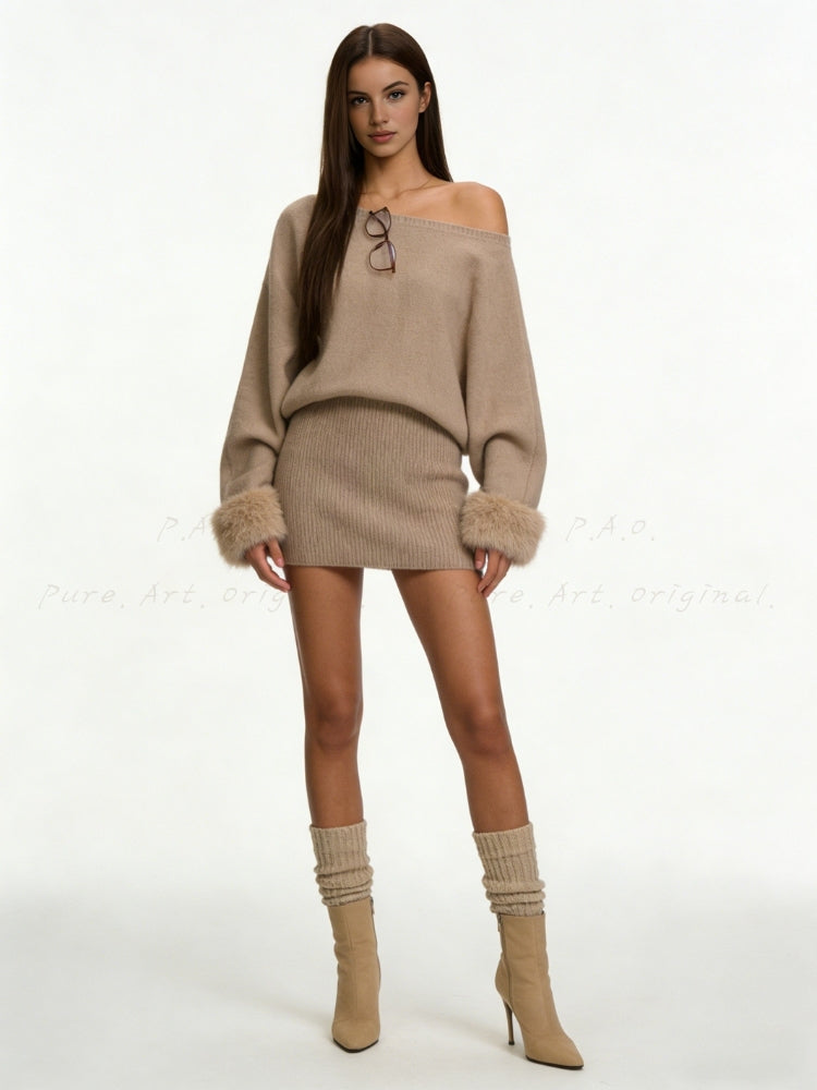 Eco Faux Fox Fur Off-Shoulder Knit Mini Dress