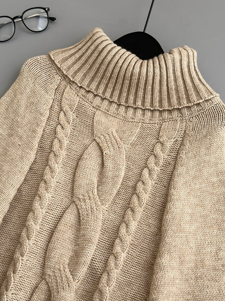 Faux Fox Fur Cuff Turtleneck Wool-Blend Cable Knit Sweater