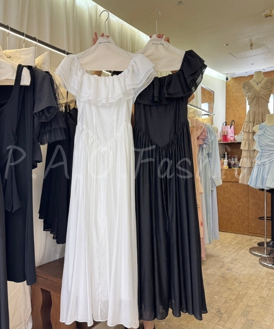 Off-Shoulder Ruffle Corset Maxi Dress