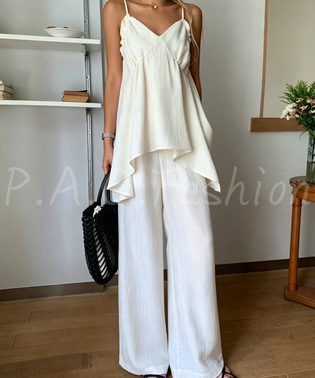 Asymmetrical V-Neck Spaghetti Strap Wide-Leg Two-Piece Set