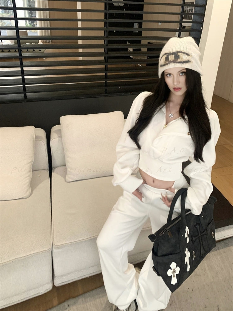 Cinched Waist Half-Zip Mock Neck Sweatshirt & Wide-Leg Pants Set