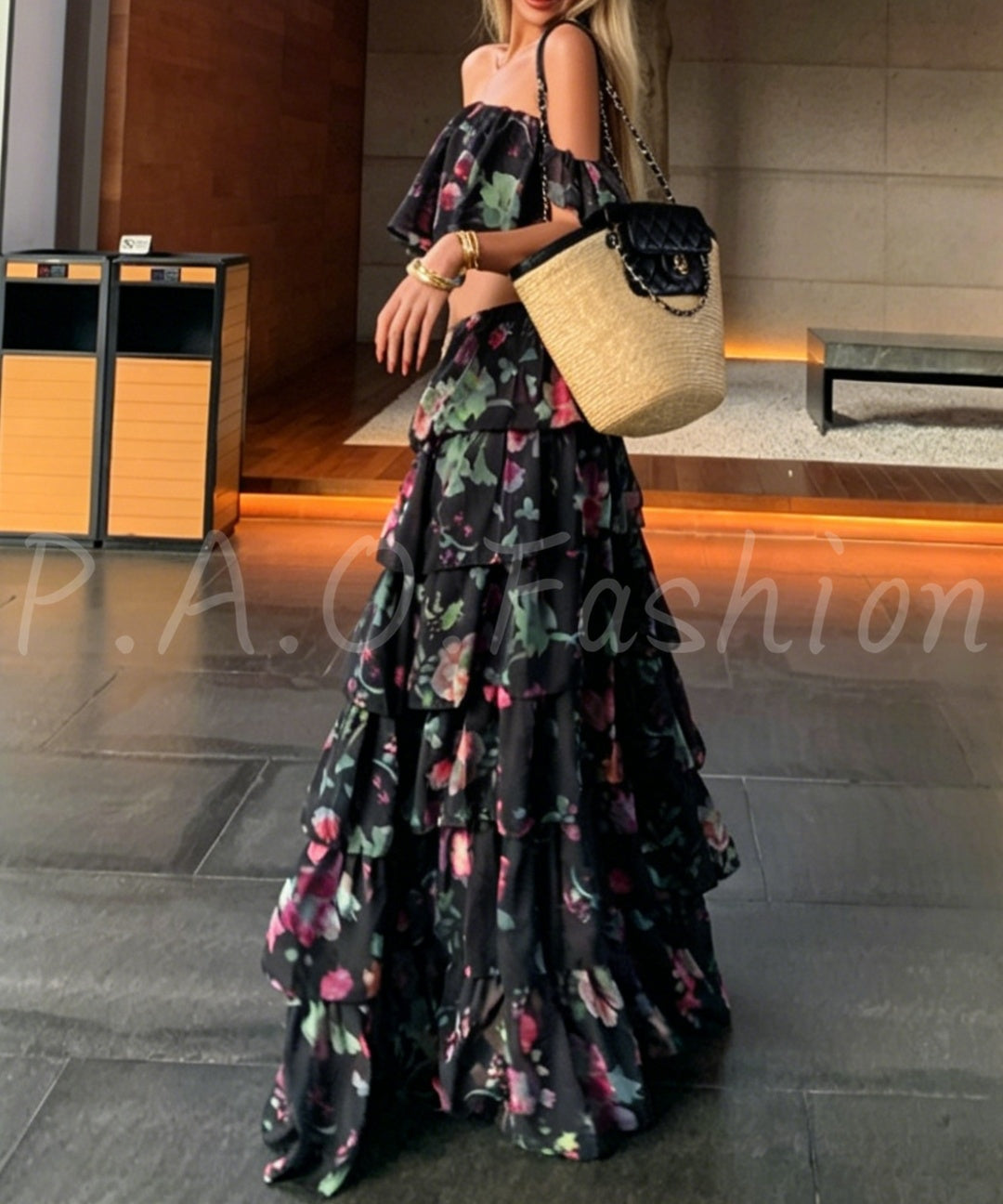 Floral Off-Shoulder Crop Top & Tiered Maxi Skirt Set