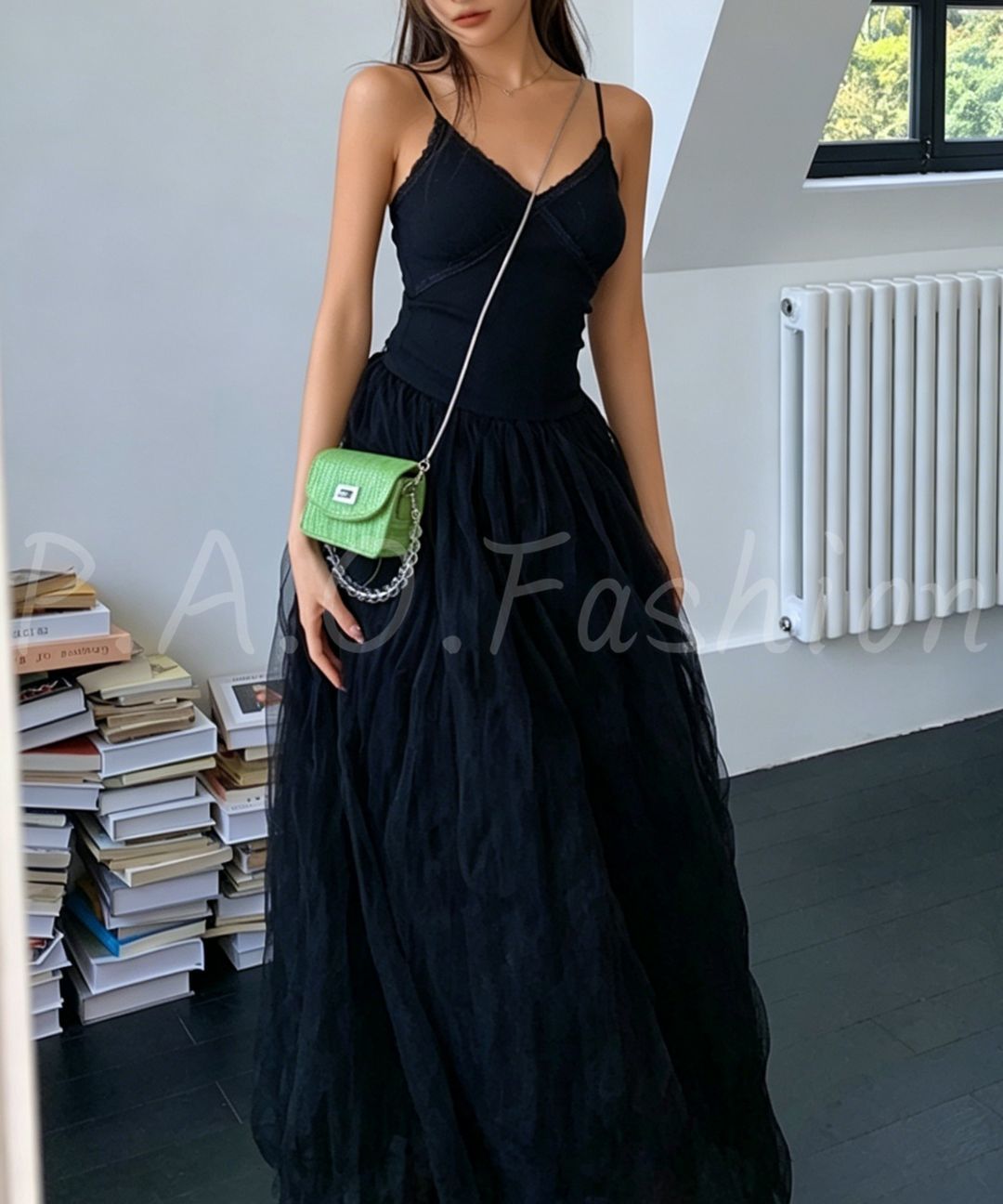 Ribbed Tulle Maxi Dress
