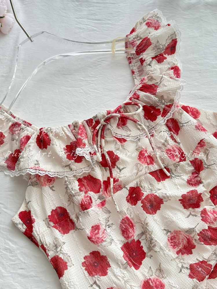ROSE PRINT OFF-SHOULDER MINI DRESS