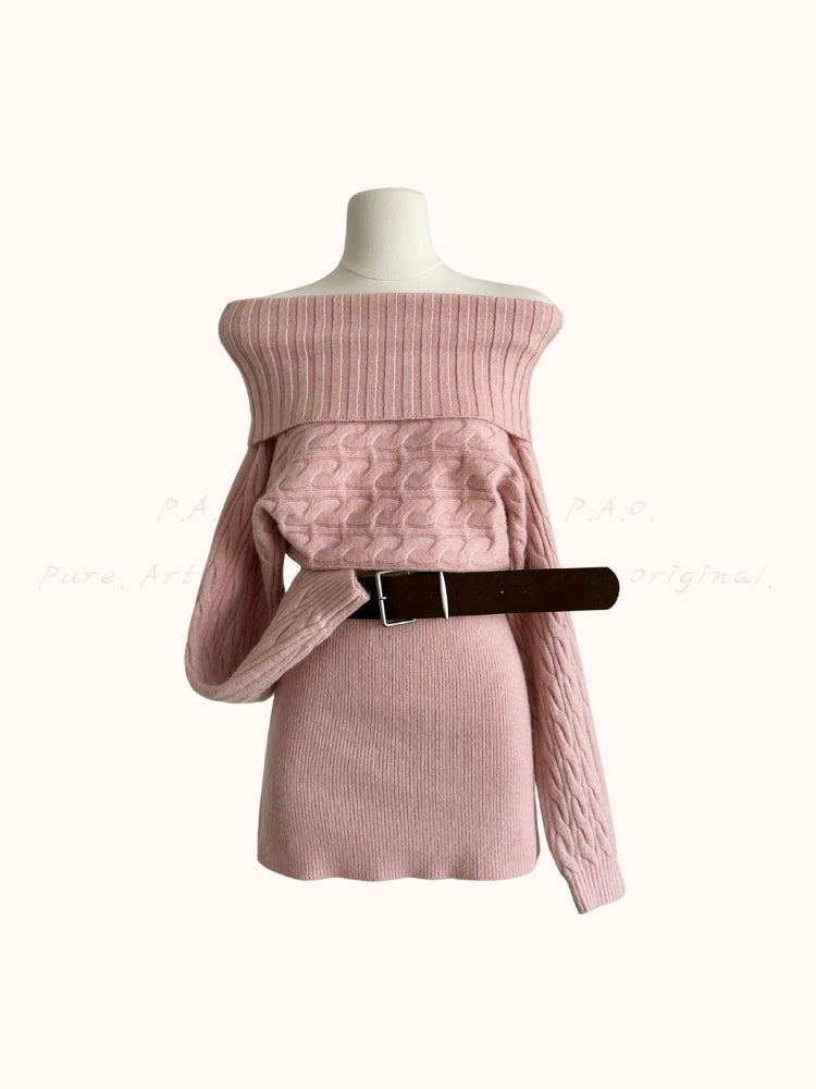 High-Neck Knit Mini Dress with Belt