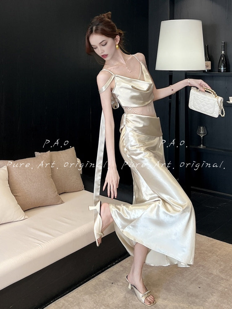 CELINE SATIN LACE MERMAID MAXI DRESS