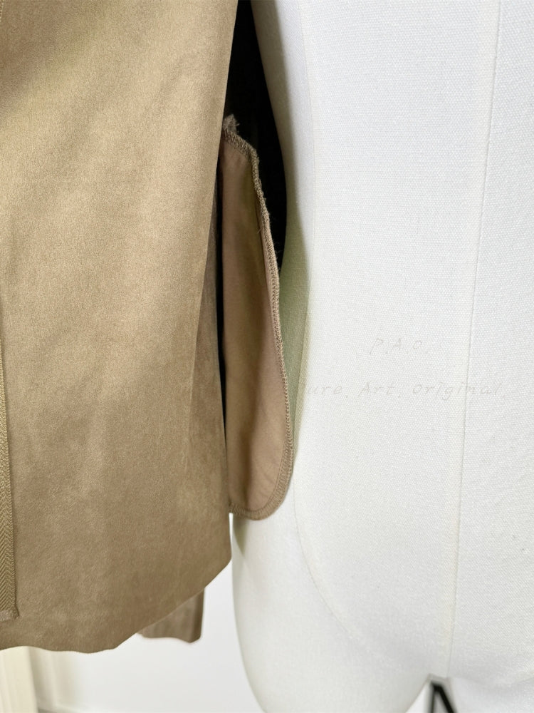 Oversized Collar Suede-Finish Slim Waist Short Coat