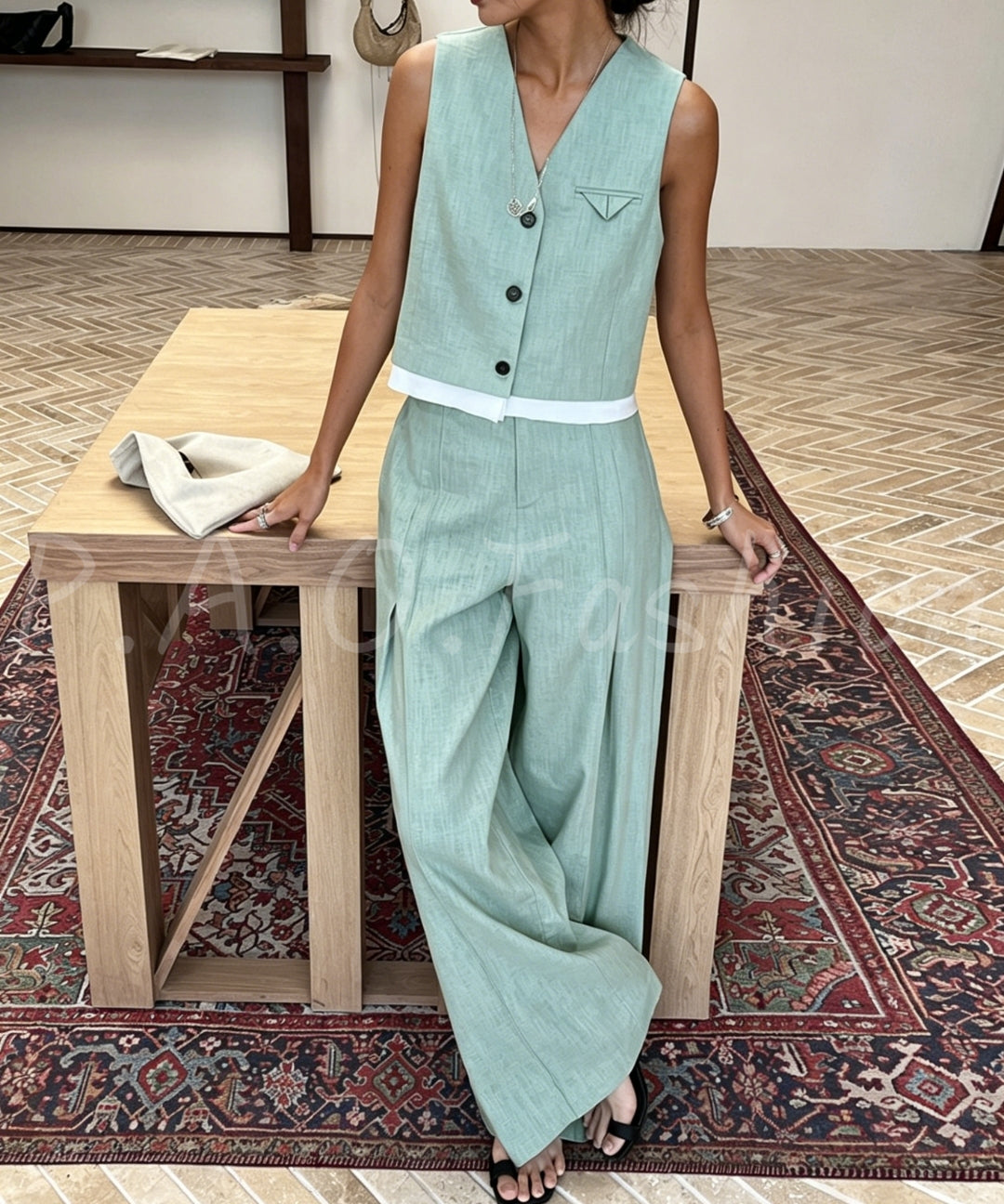 Ramie-Cotton Blend Vest & Wide-Leg Pants Set[Available Now]