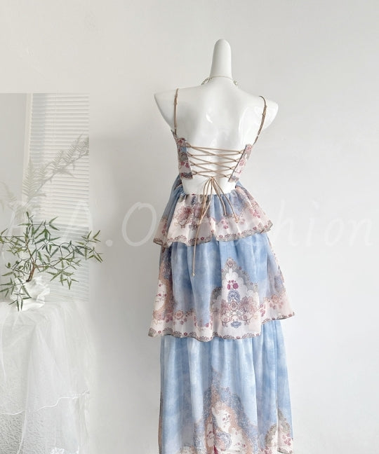 Paisley Print Lace-Up Back Tiered Maxi Dress[Available Now]