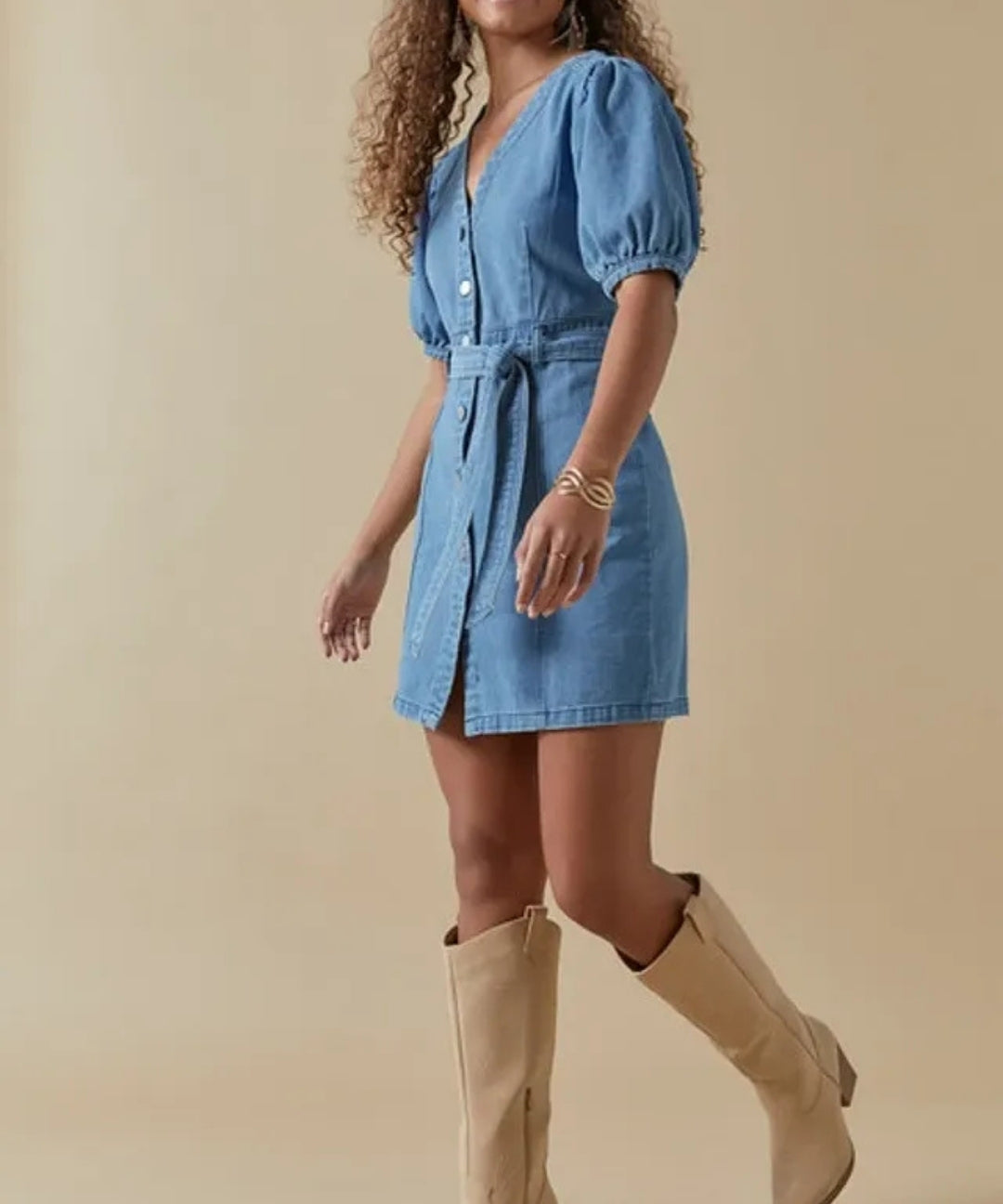 V-Neck Puff Sleeve Denim Mini Dress