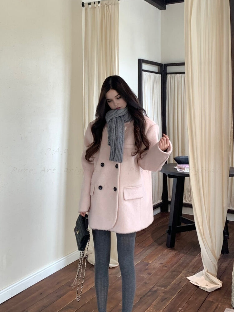 French-Inspired Pink Wool-Feel Thickened Blazer