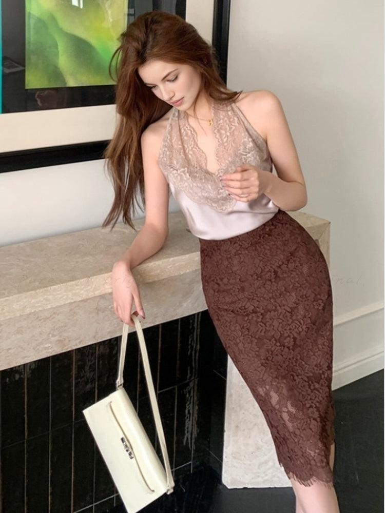 Lace Panel Halter Neck Cami