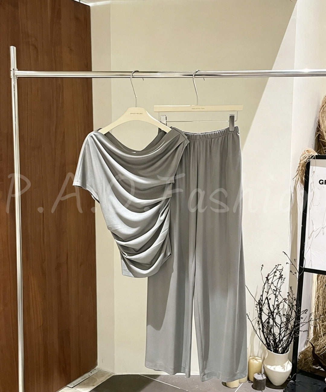 Tencel-Blend Asymmetric Draped Top & Wide-Leg Pants Set[Available Now]