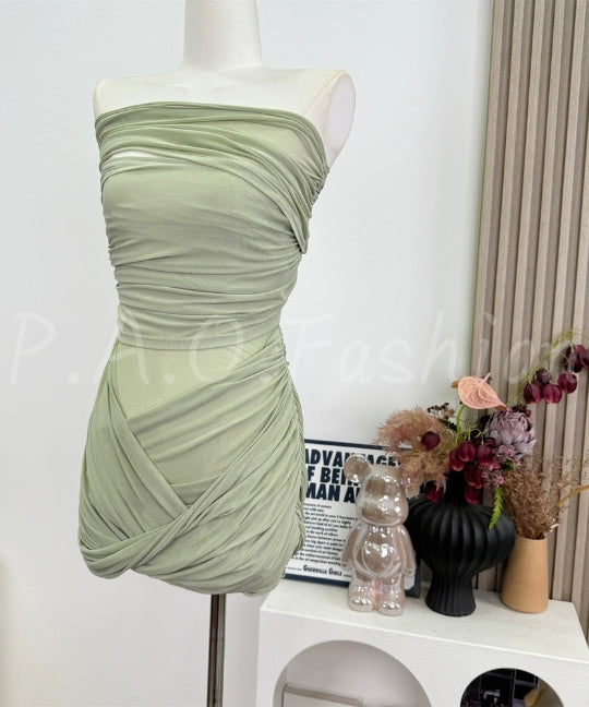 Strapless Ruched Tulle Bodycon Dress[Available Now]