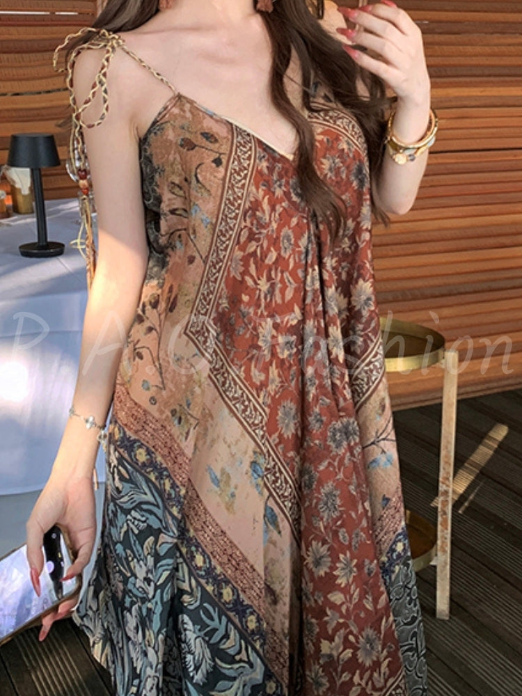 Boho Print Tassel Halter Flowy Maxi Dress