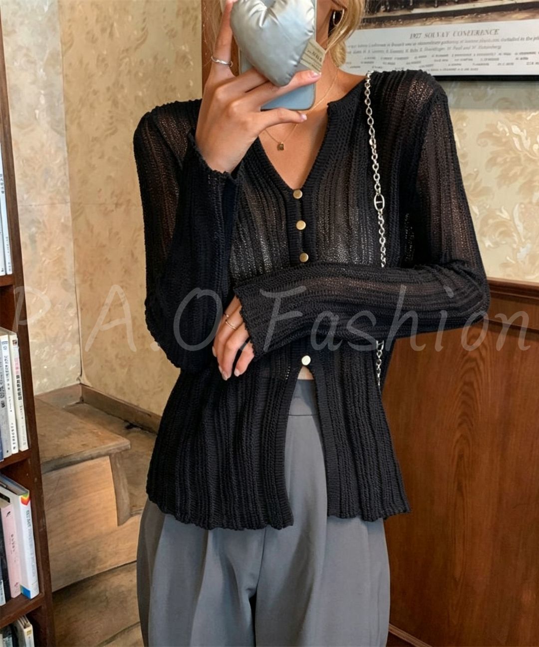 Ribbed V-Neck Button Knit Cardigan