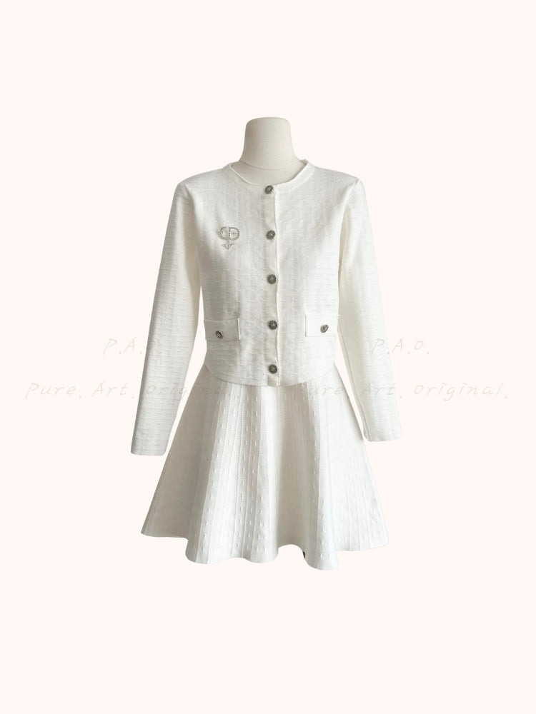 Rhinestone Brooch Jacquard Knit Cardigan & Waist-Defining Mini Skirt Two-Piece Set