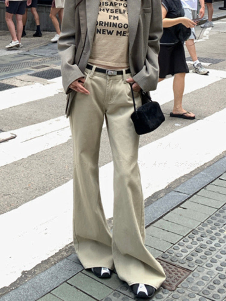 Light Khaki Straight-Leg Casual Flared Pants
