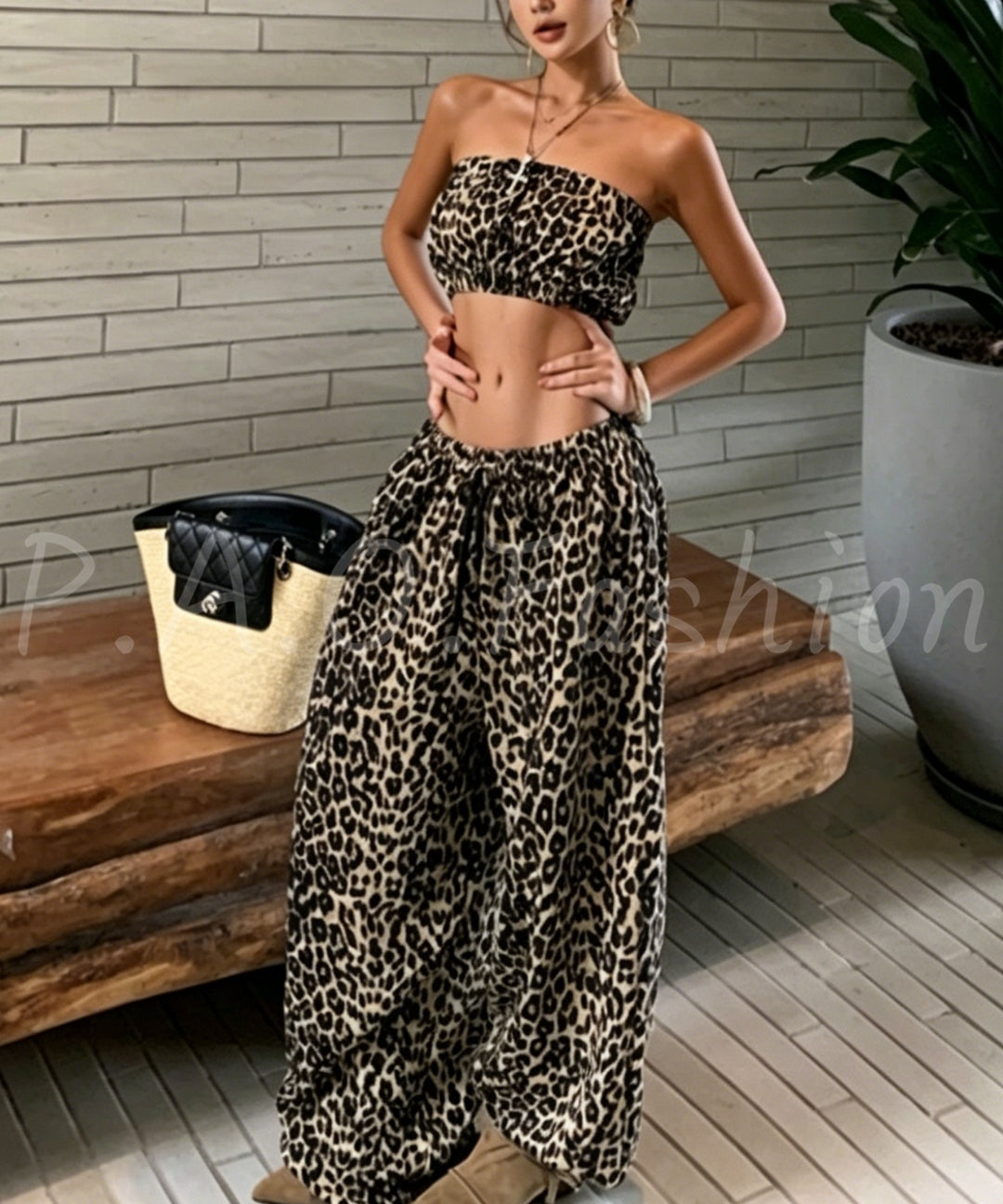 Leopard Print Bandeau Top & Wide-Leg Pants Set[Available Now]