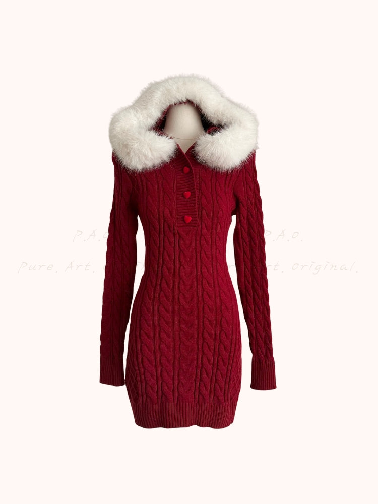 Eco Faux Fox Fur Hooded Knit Mini Dress
