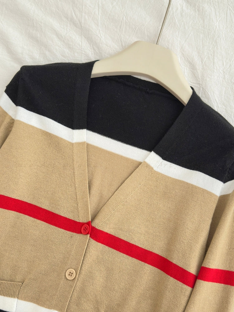 Striped Knit Fitted Cardigan