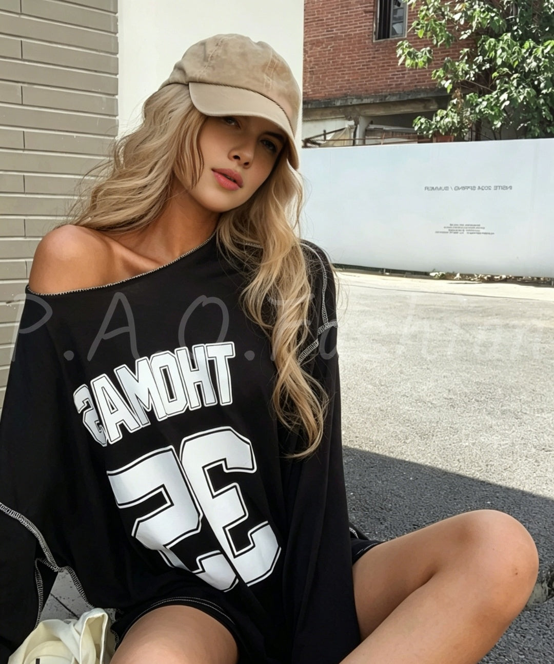 Vintage Varsity Off-Shoulder Oversized Long Sleeve Tee