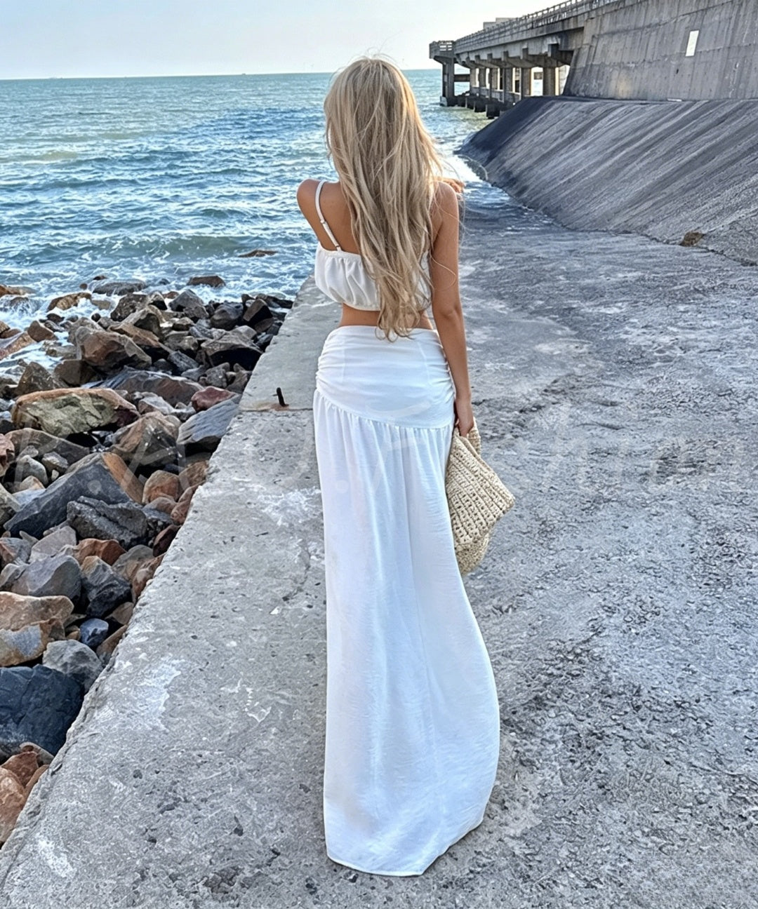Textured Ruched Crop Top & Twisted Waist Maxi Skirt Two-Piece Set