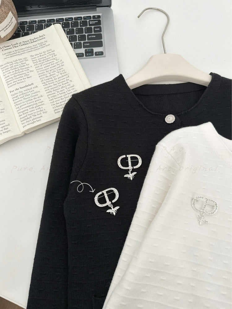 Rhinestone Brooch Jacquard Knit Cardigan & Waist-Defining Mini Skirt Two-Piece Set