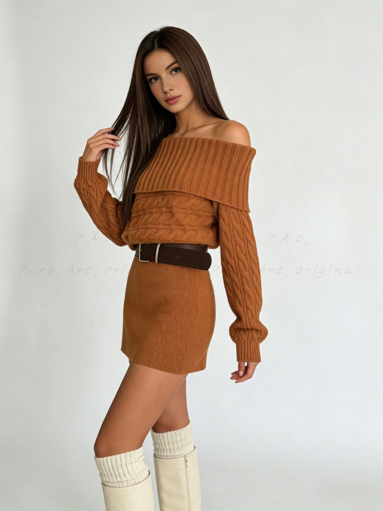 High-Neck Knit Mini Dress with Belt