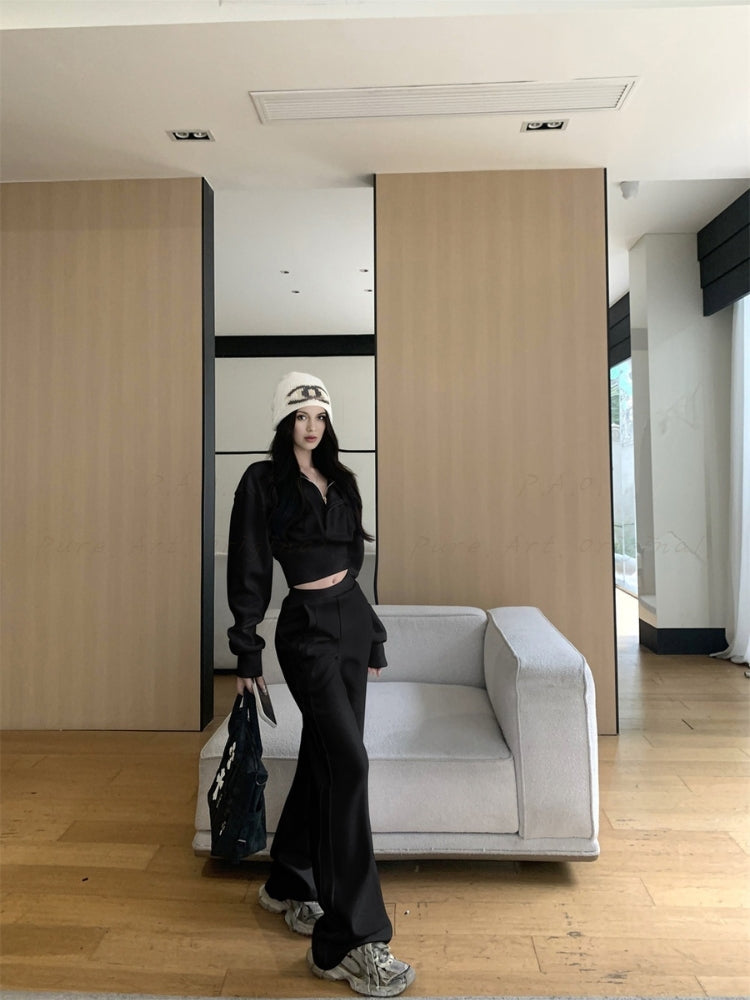 Cinched Waist Half-Zip Mock Neck Sweatshirt & Wide-Leg Pants Set
