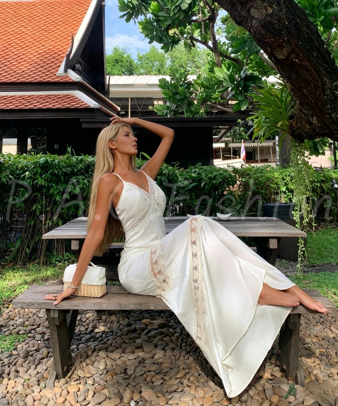 Lace Trim Satin Slip Maxi Dress